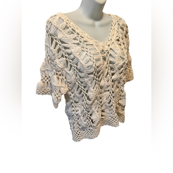 Chico’s Open Crochet Macrame Ivory SS Sweater Sz 1/M Casual Summer Pullover Top - Picture 2 of 5